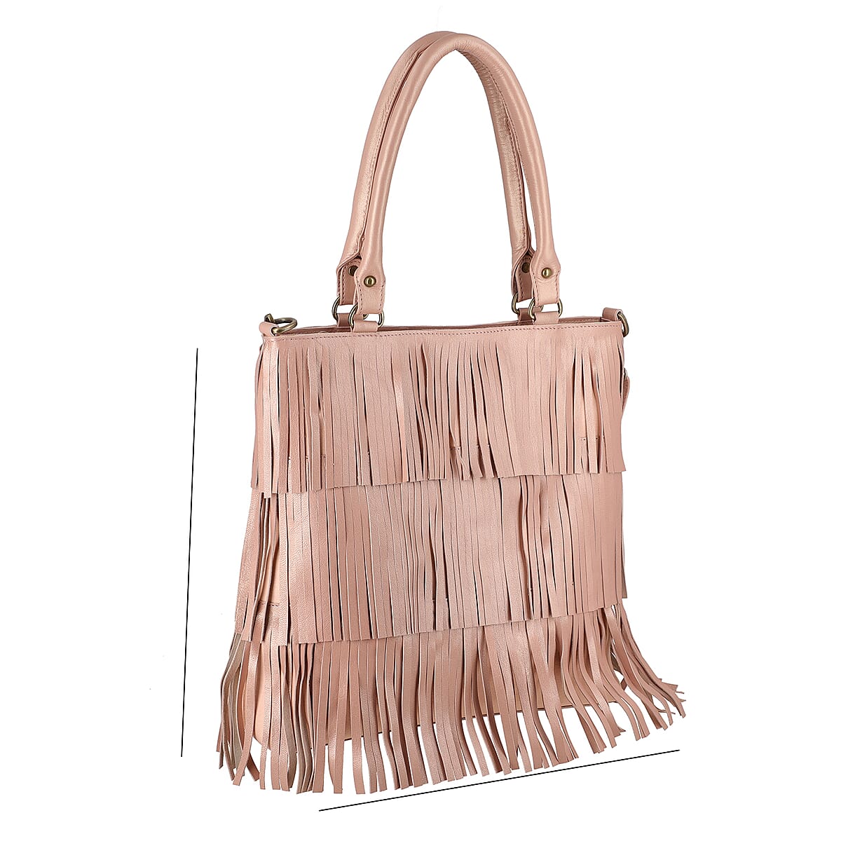Pink Genuine Leather In Metallic Look Fringes Tote Bag image number 4