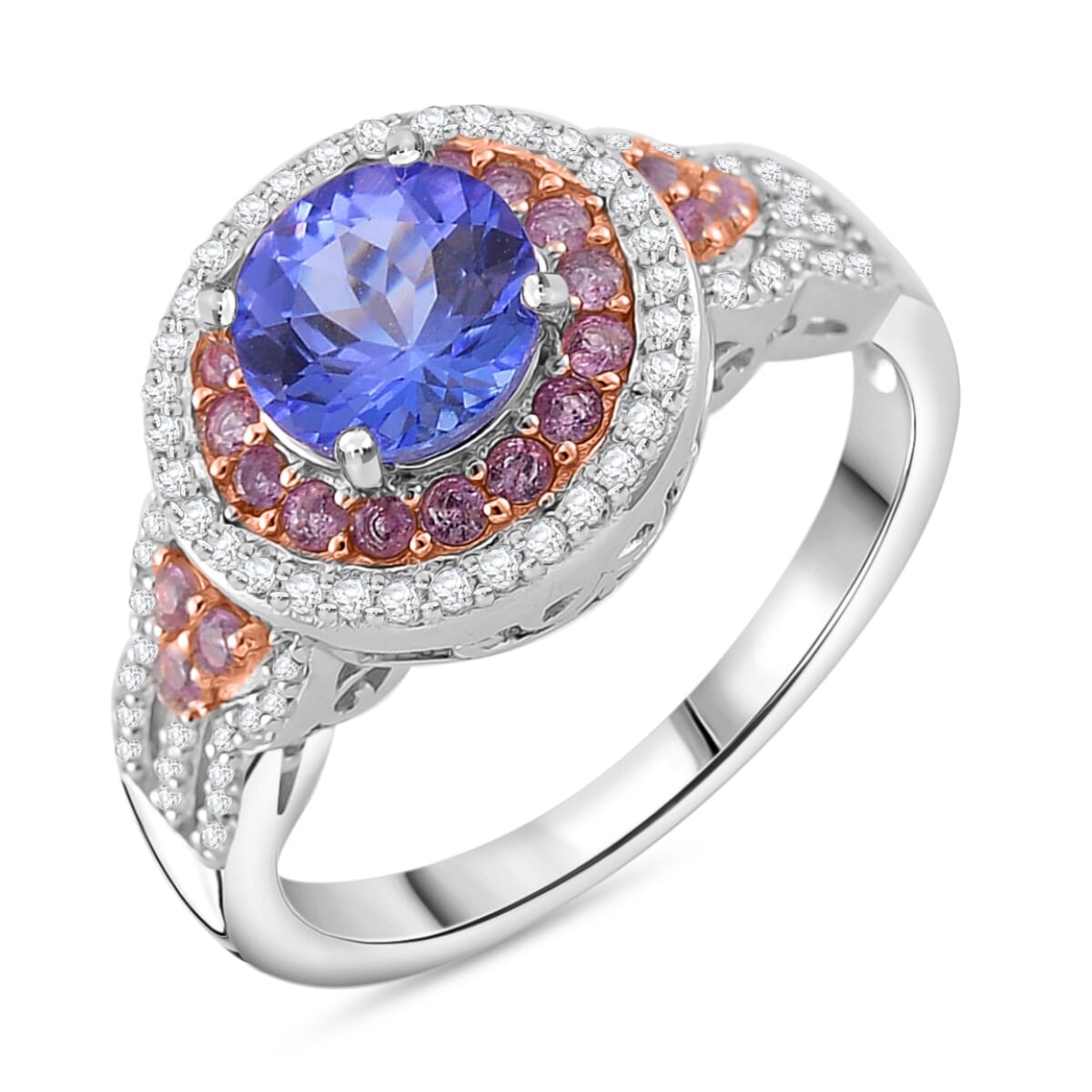 Tanzanite and Multi Gemstone 2.15 ctw Double Halo Ring in Vermeil RG and Rhodium Over Sterling Silver (Size 6.0) image number 0