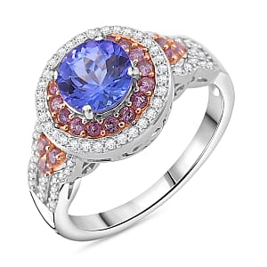 D'Joy Tanzanite and Multi Gemstone 2.15 ctw Double Halo Ring in Vermeil RG and Rhodium Over Sterling Silver (Size 6.0)