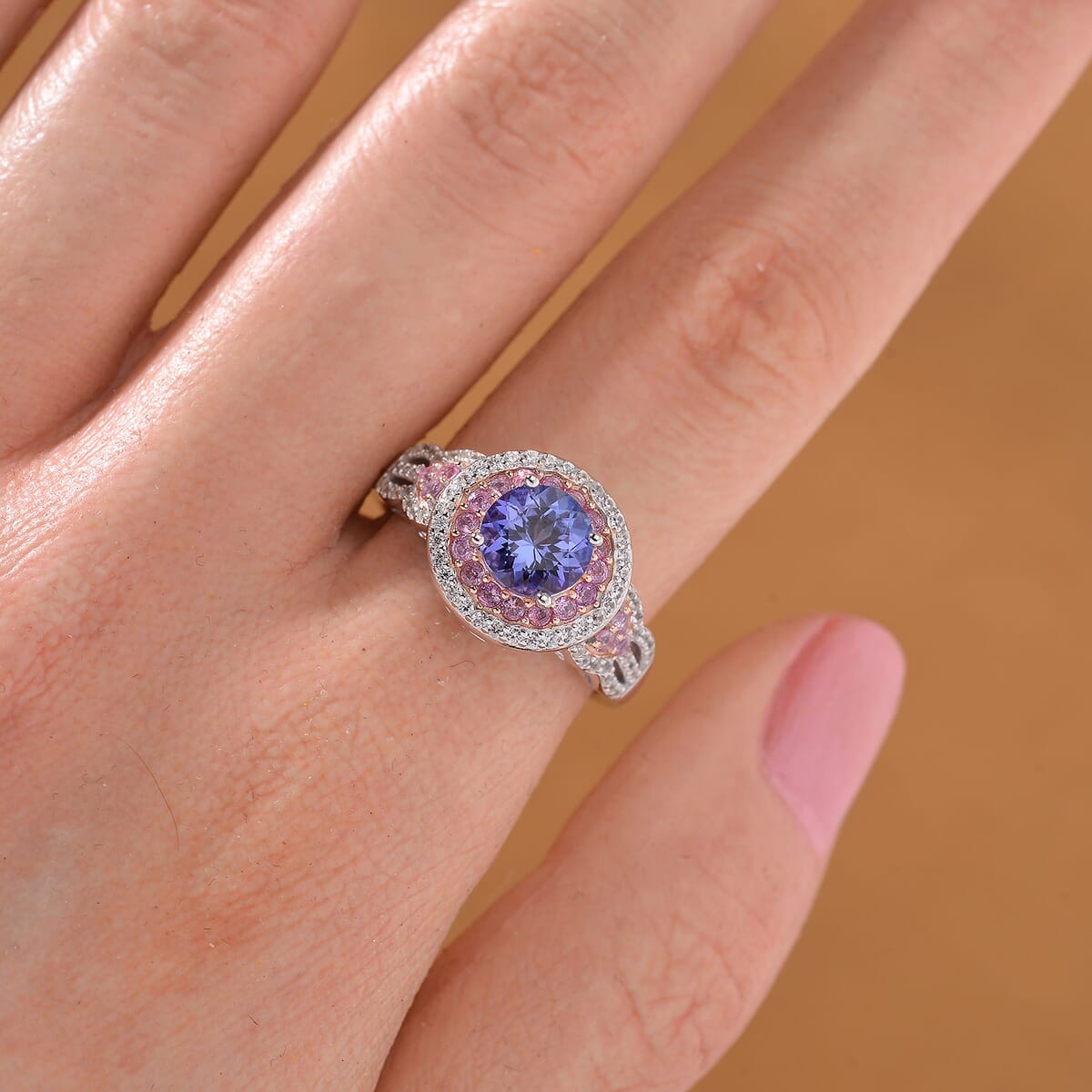 Tanzanite and Multi Gemstone 2.15 ctw Double Halo Ring in Vermeil RG and Rhodium Over Sterling Silver (Size 6.0) image number 1