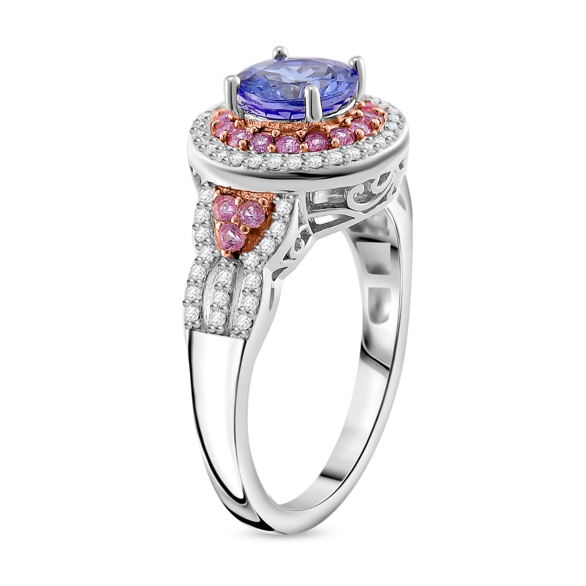 Tanzanite and Multi Gemstone 2.15 ctw Double Halo Ring in Vermeil RG and Rhodium Over Sterling Silver (Size 6.0) image number 2