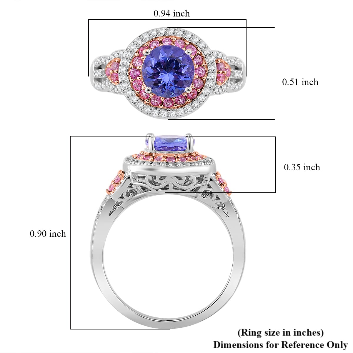 Tanzanite and Multi Gemstone 2.15 ctw Double Halo Ring in Vermeil RG and Rhodium Over Sterling Silver (Size 6.0) image number 4