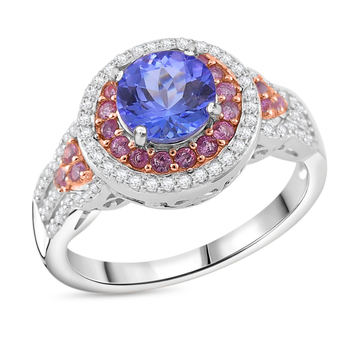 Tanzanite and Multi Gemstone 2.15 ctw Double Halo Ring in Vermeil RG and Rhodium Over Sterling Silver (Size 10.0) image number 0