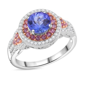 D'Joy Tanzanite and Multi Gemstone 2.15 ctw Double Halo Ring in Vermeil RG and Rhodium Over Sterling Silver (Size 10.0)