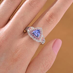 Tanzanite and Multi Gemstone 2.00 ctw Double Halo Ring in Vermeil RG and Rhodium Over Sterling Silver (Size 7.0)