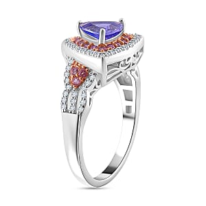 Tanzanite and Multi Gemstone 2.00 ctw Double Halo Ring in Vermeil RG and Rhodium Over Sterling Silver (Size 7.0)