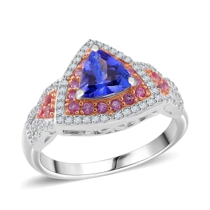Tanzanite and Multi Gemstone 2.00 ctw Double Halo Ring in Vermeil RG and Rhodium Over Sterling Silver (Size 9.0)