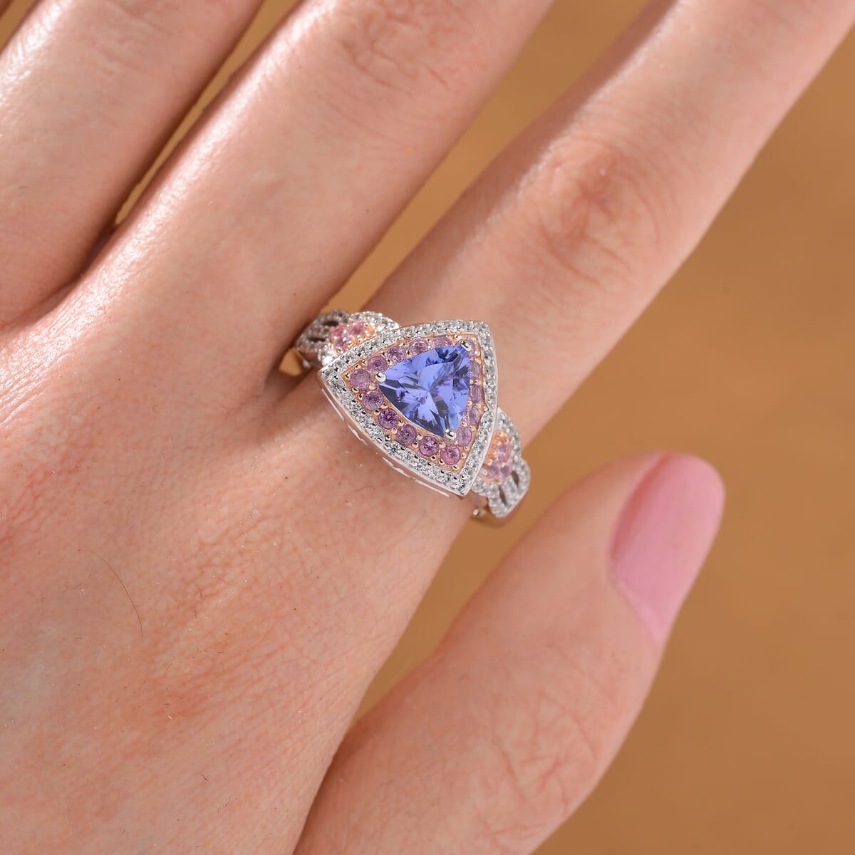 Tanzanite and Multi Gemstone 2.00 ctw Double Halo Ring in Vermeil RG and Rhodium Over Sterling Silver (Size 9.0) image number 1