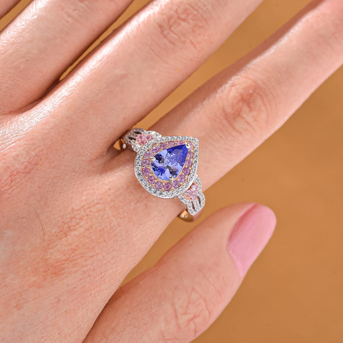 Tanzanite and Multi Gemstone 2.10 ctw Double Halo Ring in Vermeil RG and Rhodium Over Sterling Silver (Size 6.0) image number 1