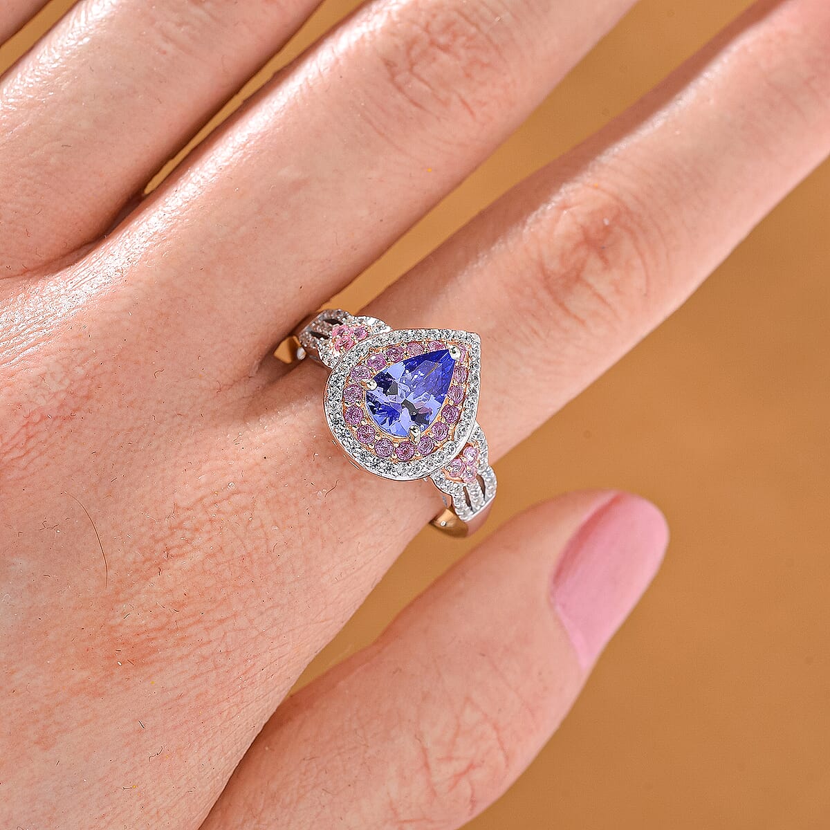 Tanzanite and Multi Gemstone 2.10 ctw Double Halo Ring in Vermeil RG and Rhodium Over Sterling Silver (Size 7.0) image number 1