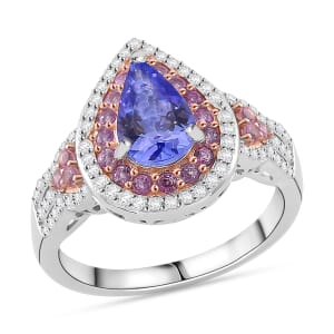 Tanzanite and Multi Gemstone 2.10 ctw Double Halo Ring in Vermeil RG and Rhodium Over Sterling Silver (Size 8.0)