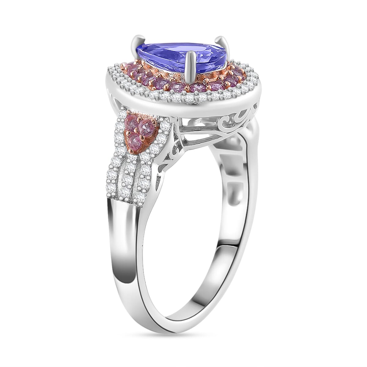 Tanzanite and Multi Gemstone 2.10 ctw Double Halo Ring in Vermeil RG and Rhodium Over Sterling Silver (Size 8.0) image number 2