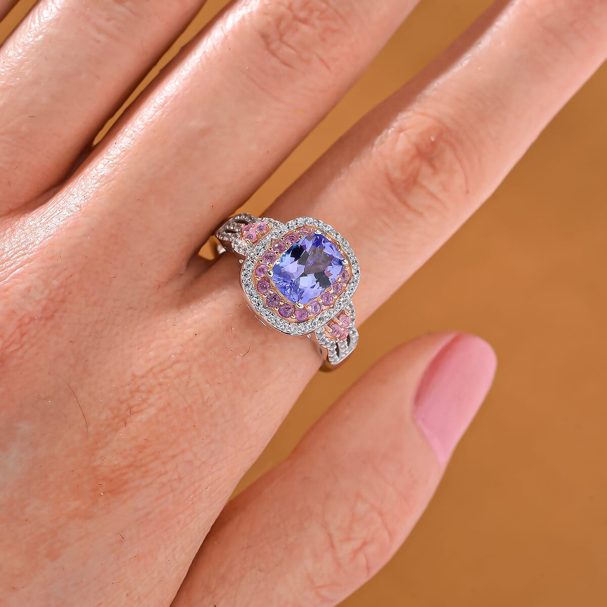 Tanzanite and Multi Gemstone 2.30 ctw Double Halo Ring in Vermeil RG and Rhodium Over Sterling Silver (Size 9.0) image number 1