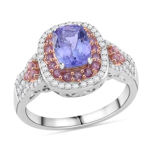Tanzanite and Multi Gemstone 2.30 ctw Double Halo Ring in Vermeil RG and Rhodium Over Sterling Silver (Size 10.0)