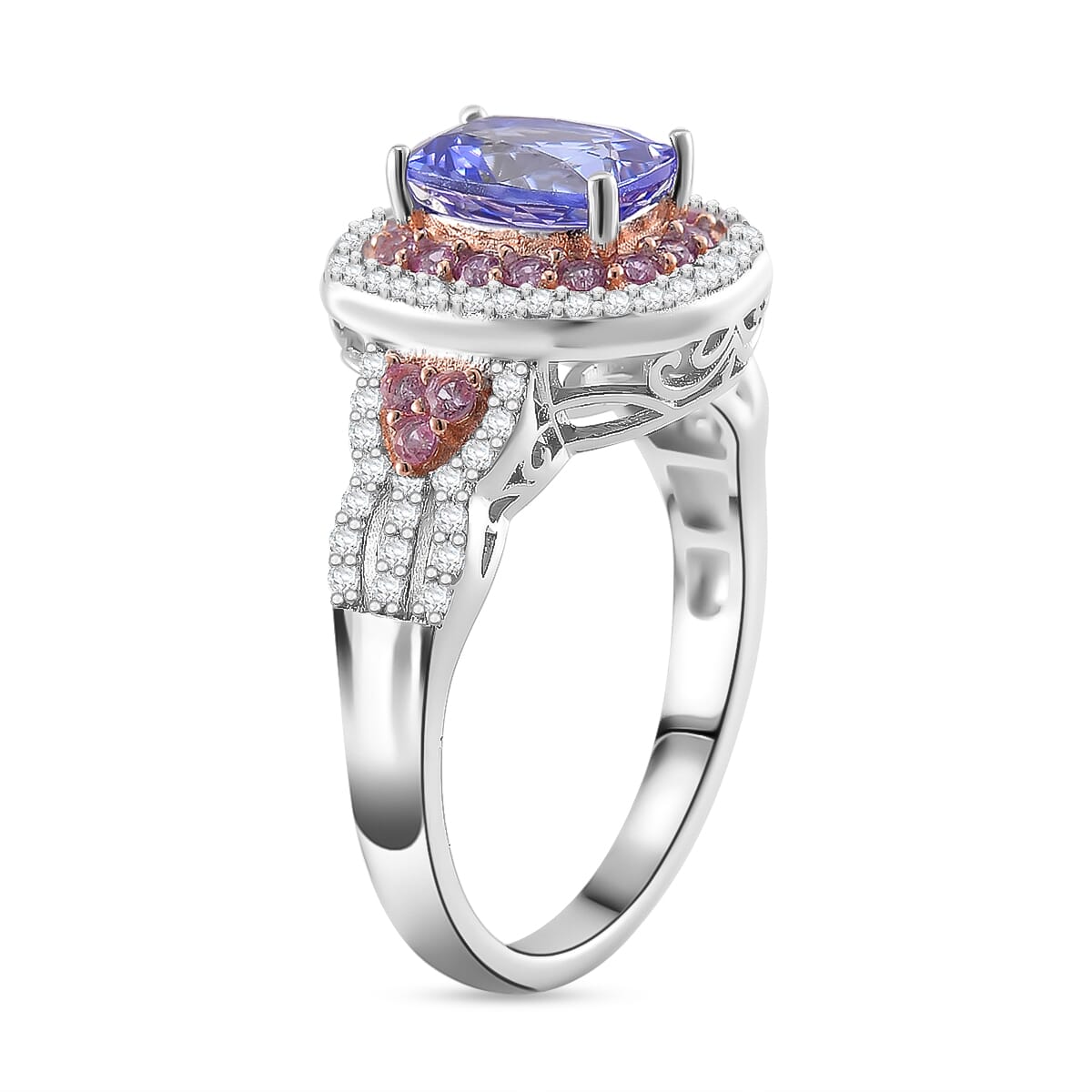Tanzanite and Multi Gemstone 2.30 ctw Double Halo Ring in Vermeil RG and Rhodium Over Sterling Silver (Size 10.0) image number 2
