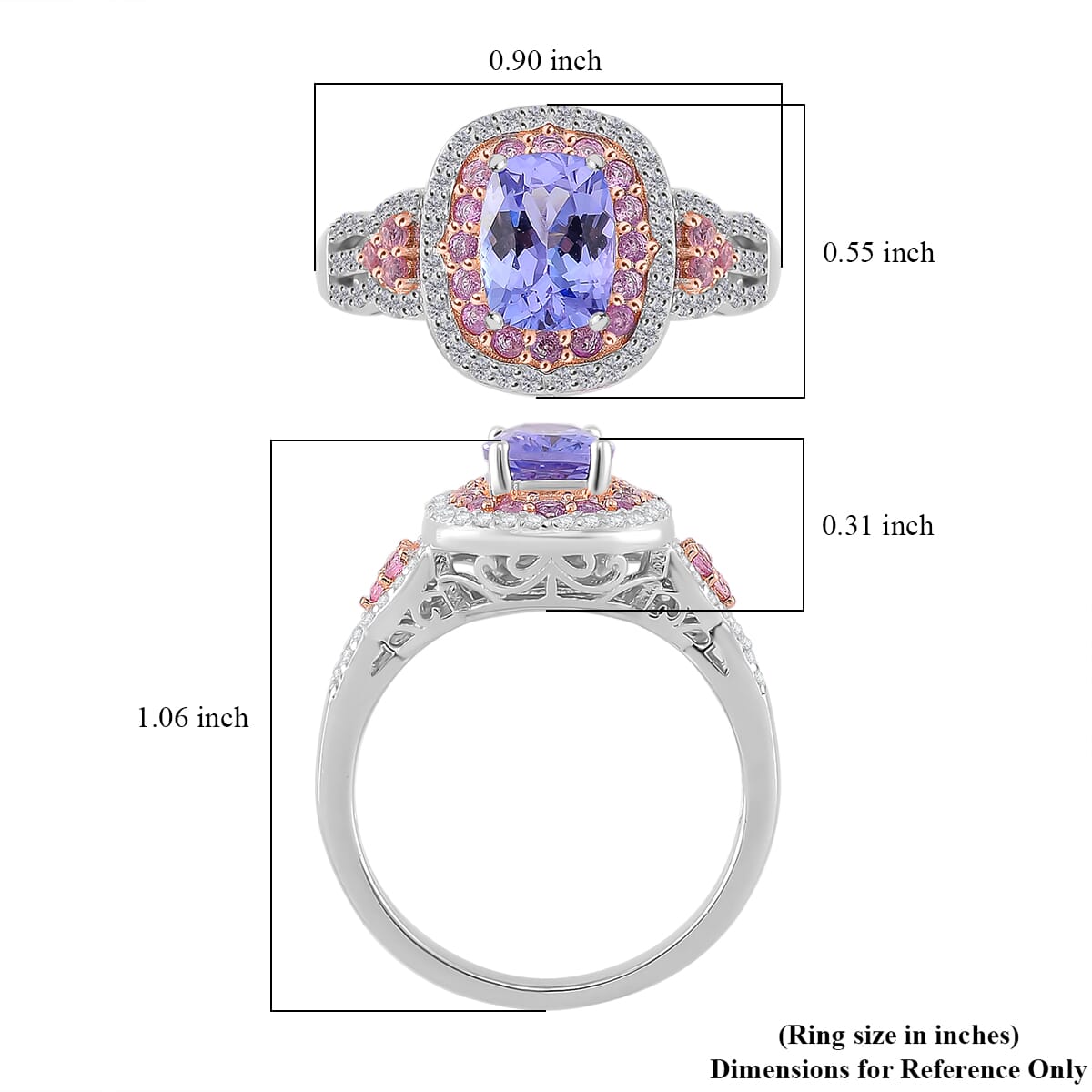 Tanzanite and Multi Gemstone 2.30 ctw Double Halo Ring in Vermeil RG and Rhodium Over Sterling Silver (Size 10.0) image number 4