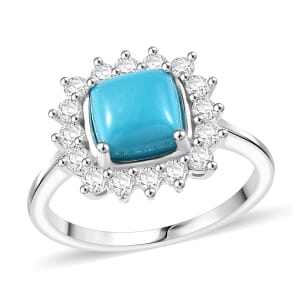Sleeping Beauty Turquoise and White Zircon 2.40 ctw Sunburst Ring in Rhodium Over Sterling Silver (Size 6.0)