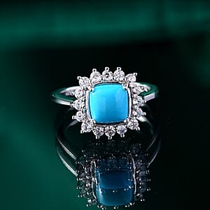 D'Joy Sleeping Beauty Turquoise and White Zircon 2.40 ctw Sunburst Ring in Rhodium Over Sterling Silver (Size 8.0)