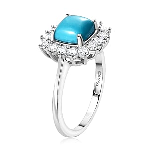 D'Joy Sleeping Beauty Turquoise and White Zircon 2.40 ctw Sunburst Ring in Rhodium Over Sterling Silver (Size 8.0)