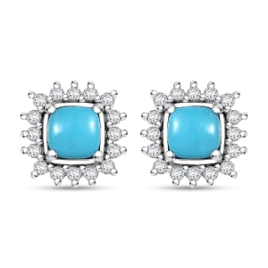 Sleeping Beauty Turquoise and White Zircon 1.85 ctw Sunburst Earrings in Rhodium Over Sterling Silver