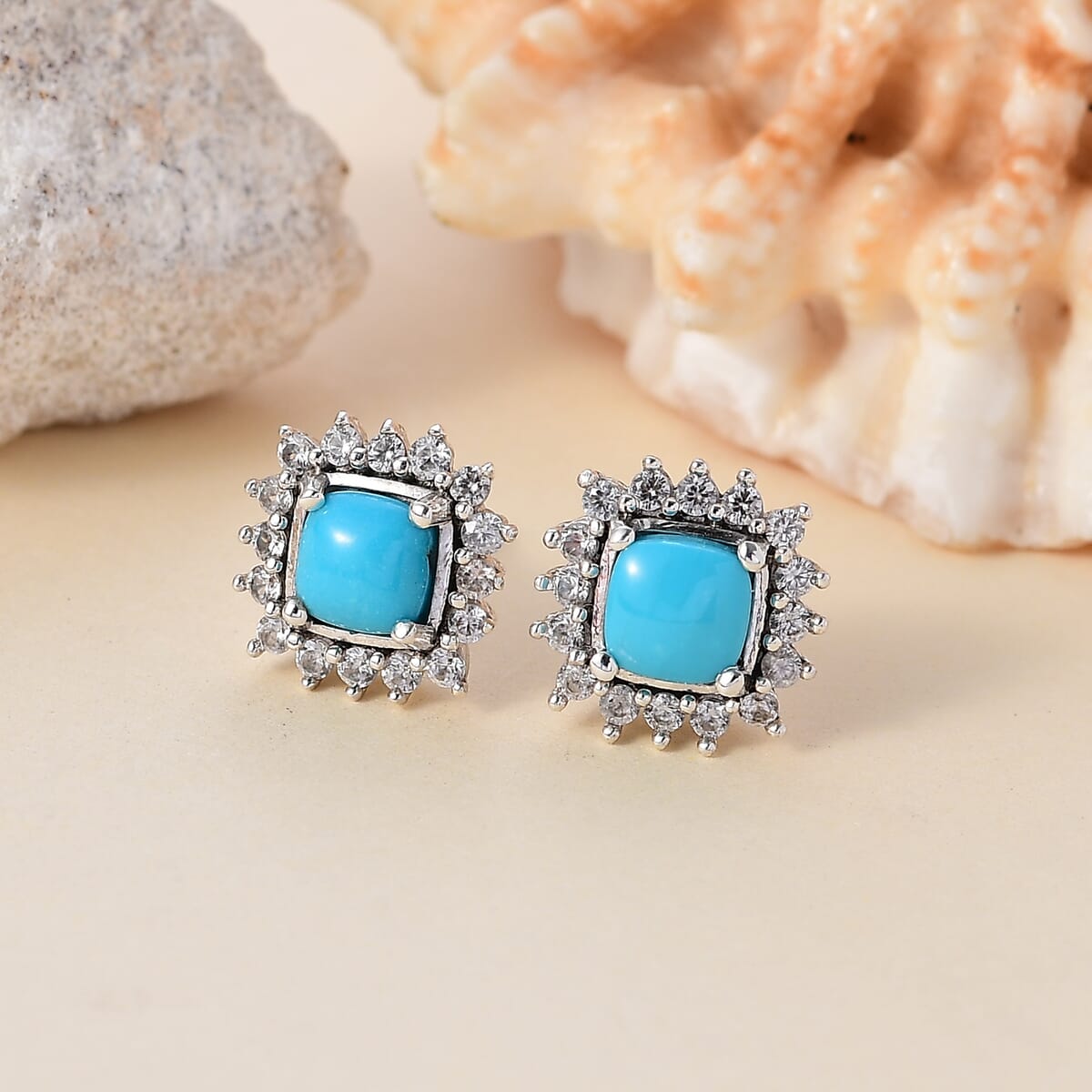 D'Joy Sleeping Beauty Turquoise and White Zircon 1.85 ctw Sunburst Earrings in Rhodium Over Sterling Silver image number 1