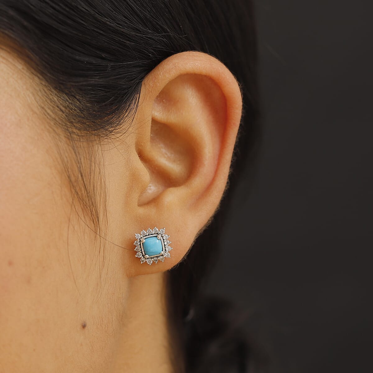 D'Joy Sleeping Beauty Turquoise and White Zircon 1.85 ctw Sunburst Earrings in Rhodium Over Sterling Silver image number 2
