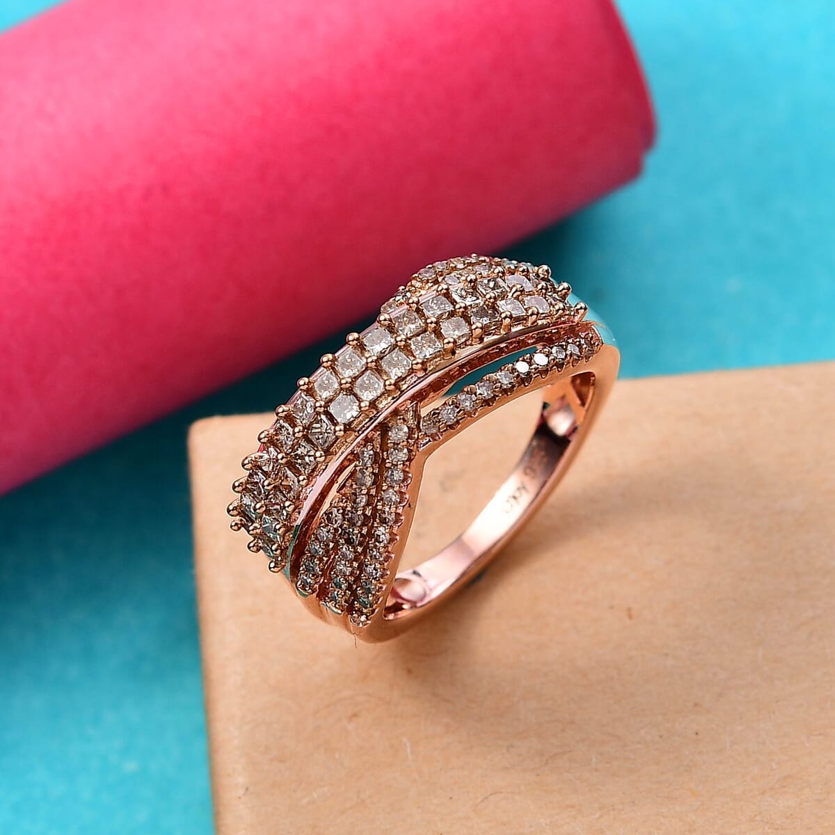 Natural Champagne Diamond 1.00 ctw Bridge Over Ring in 18K Vermeil Rose Gold Sterling Silver (Size 8.0) image number 1