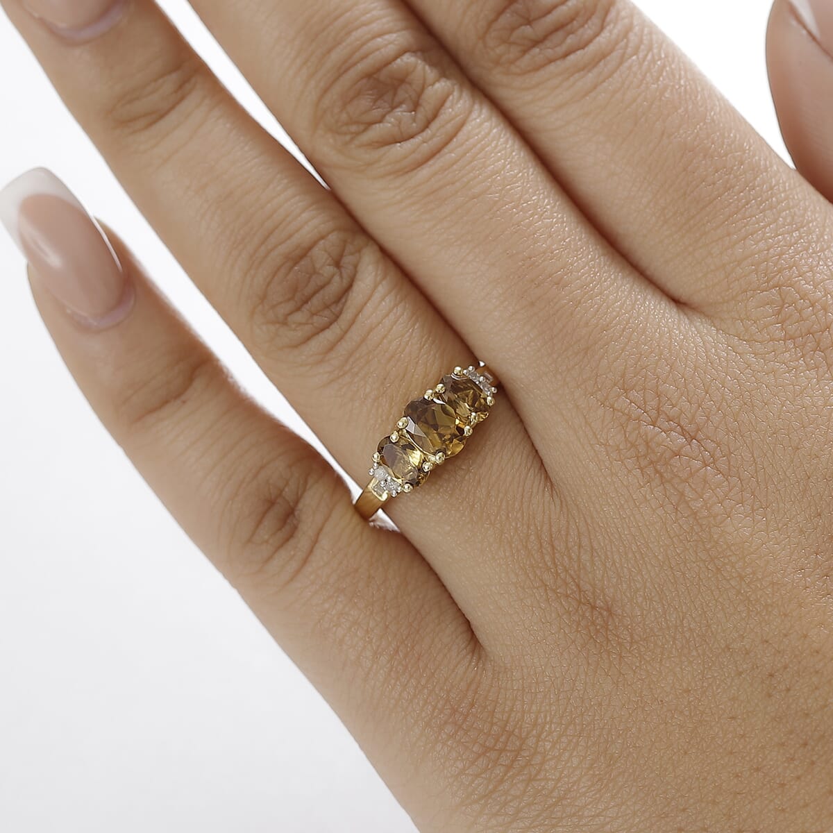 AAA Golden Turkizite and Diamond 2.00 ctw Trinity Ring in 18K Vermeil Yellow Gold Over Sterling Silver (Size 6.0) image number 2