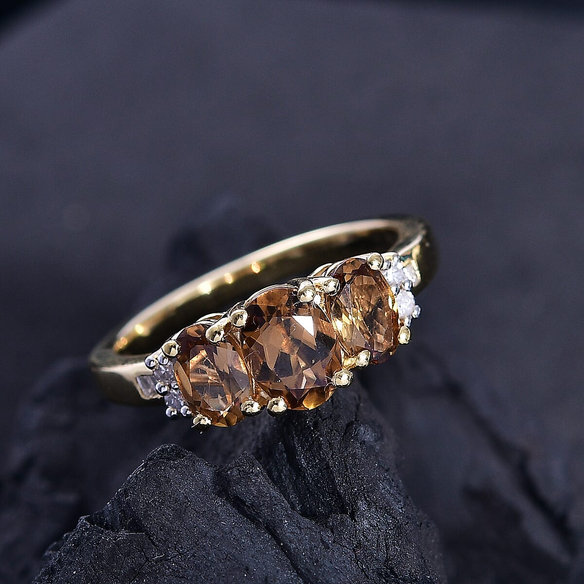 D'Joy AAA Golden Turkizite and Diamond 2.00 ctw Trinity Ring in 18K Vermeil Yellow Gold Over Sterling Silver (Size 8.0) image number 1