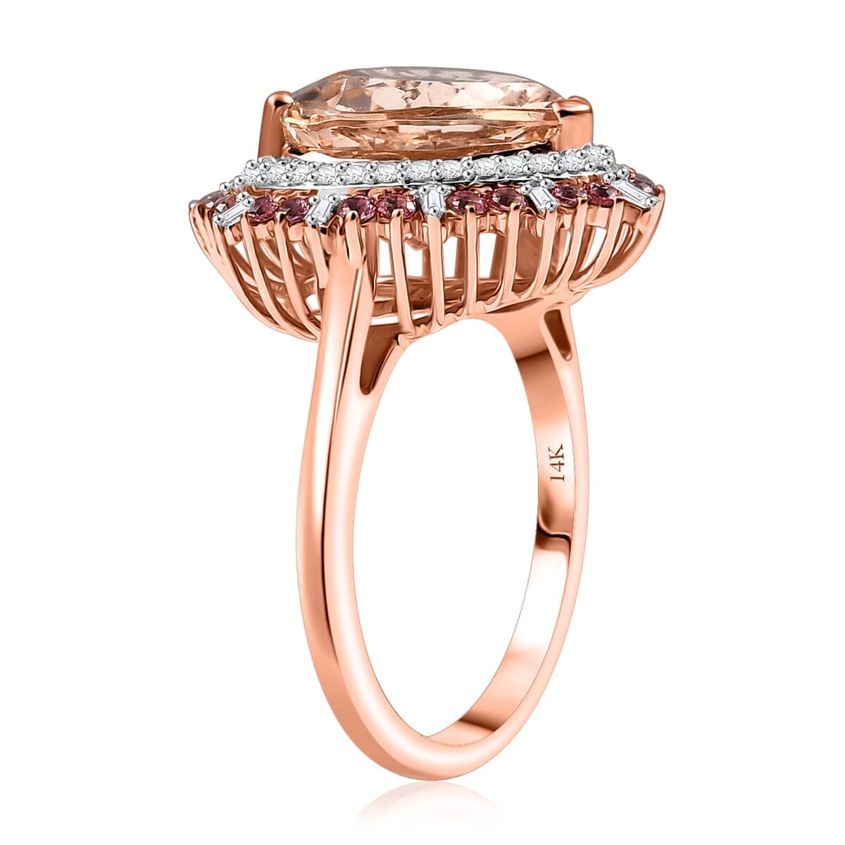 Luxoro AAA Morganite, Padparadscha Sapphire and White Diamond I2 5.70 ctw Solitaire Ring in 14K Rose Gold (Size 6.0) image number 3