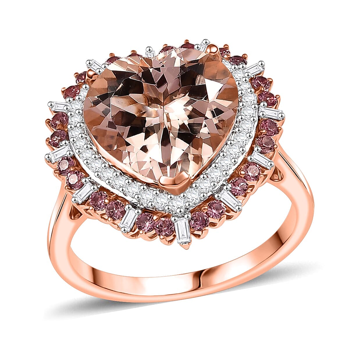 Luxoro AAA Marropino Morganite, Padparadscha Sapphire and Diamond I2 5.90 ctw Radiant Heart Ring in 14K Rose Gold (Size  6.5) image number 0