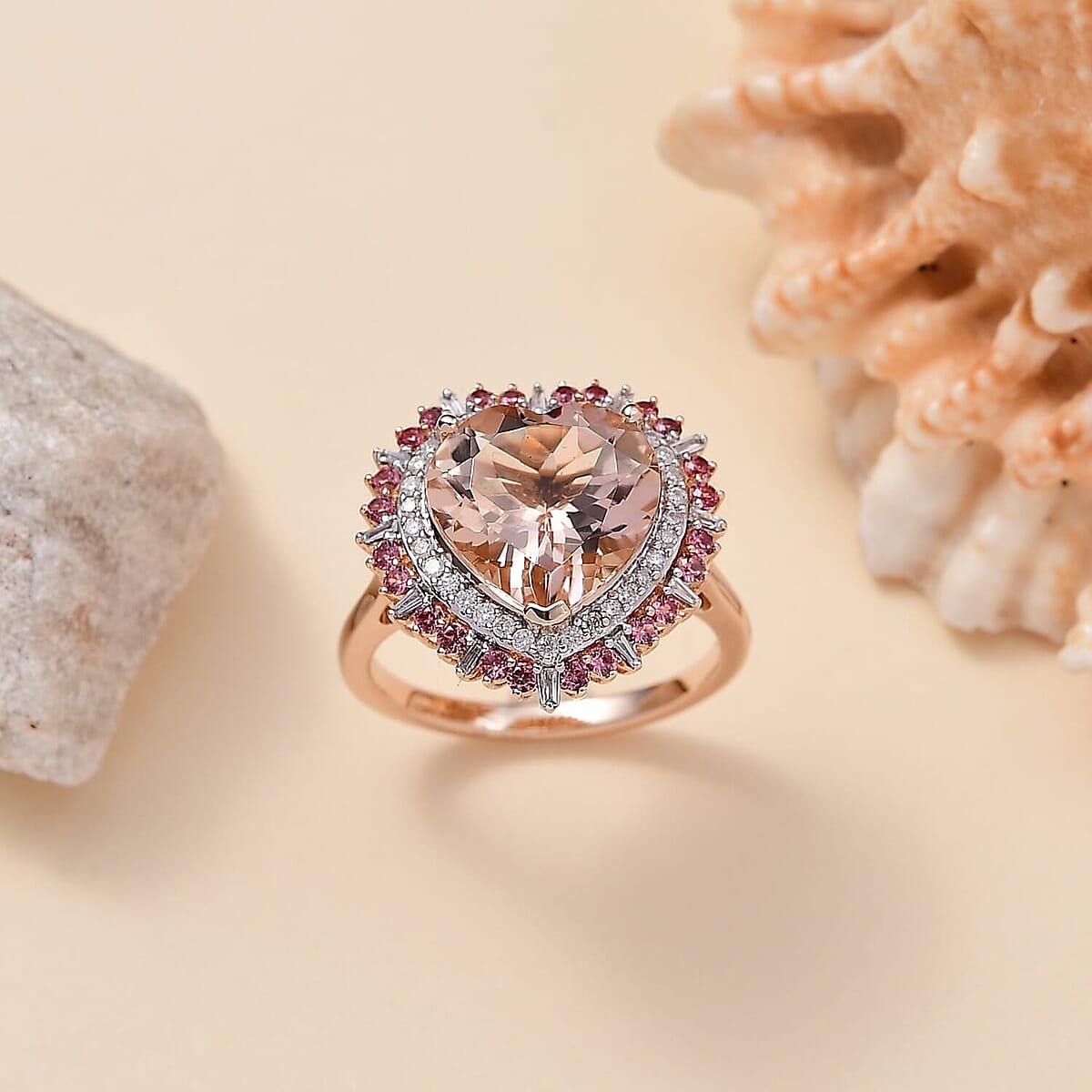 Luxoro AAA Marropino Morganite, Padparadscha Sapphire and Diamond I2 5.90 ctw Radiant Heart Ring in 14K Rose Gold (Size  6.5) image number 1