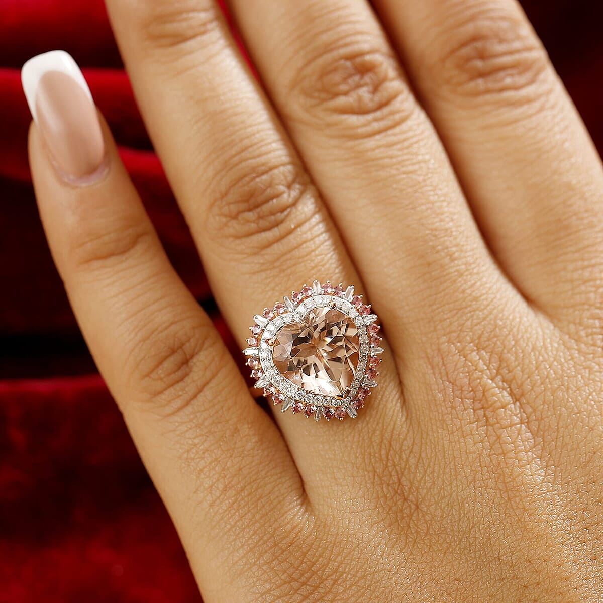 Luxoro AAA Marropino Morganite, Padparadscha Sapphire and Diamond I2 5.90 ctw Radiant Heart Ring in 14K Rose Gold (Size  6.5) image number 2
