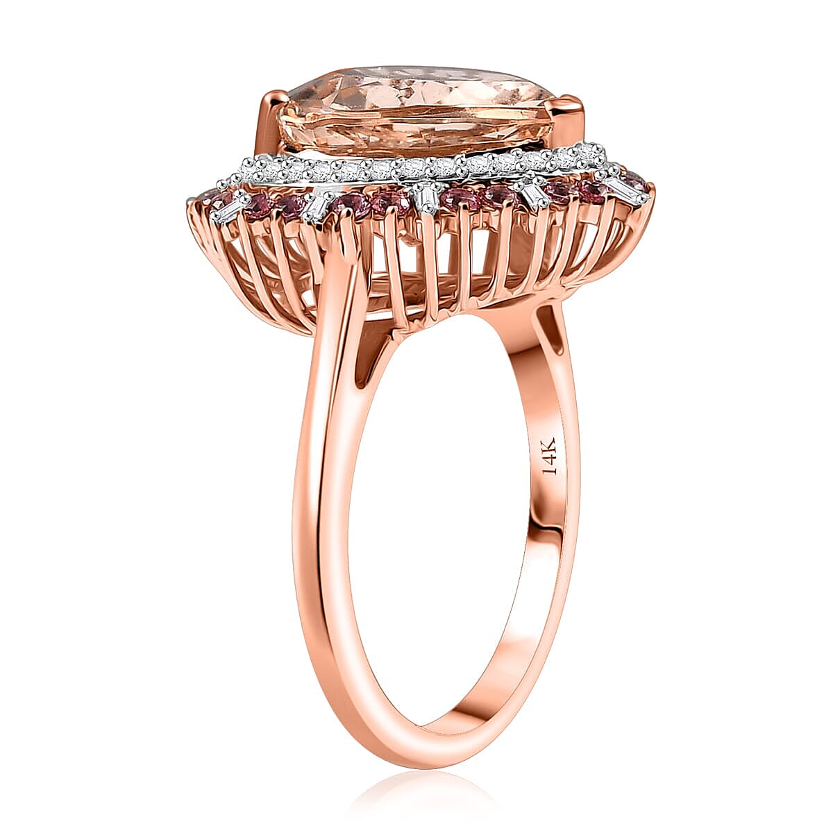 Luxoro AAA Marropino Morganite, Padparadscha Sapphire and Diamond I2 5.90 ctw Radiant Heart Ring in 14K Rose Gold (Size  6.5) image number 3