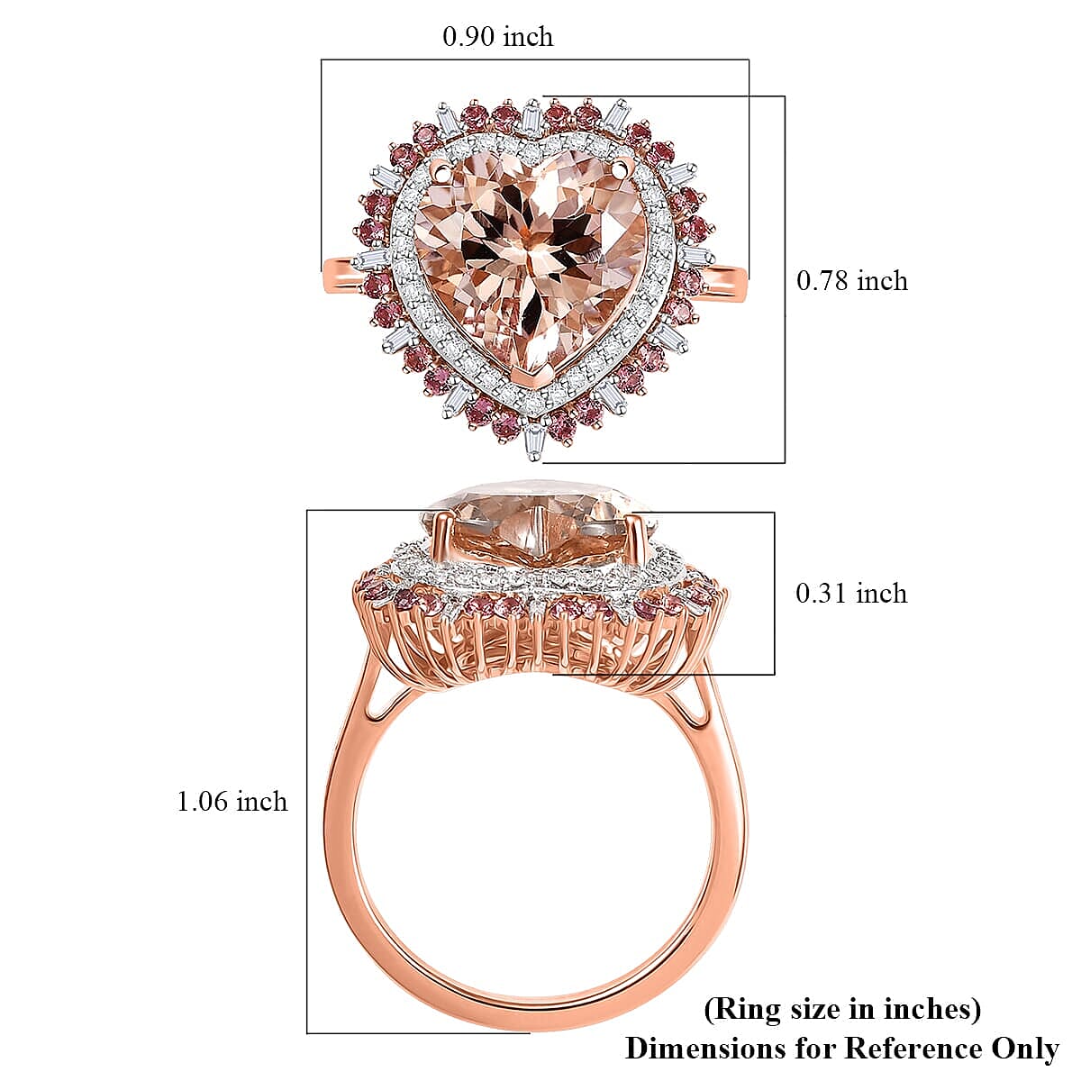 Luxoro AAA Marropino Morganite, Padparadscha Sapphire and Diamond I2 5.90 ctw Radiant Heart Ring in 14K Rose Gold (Size  6.5) image number 5