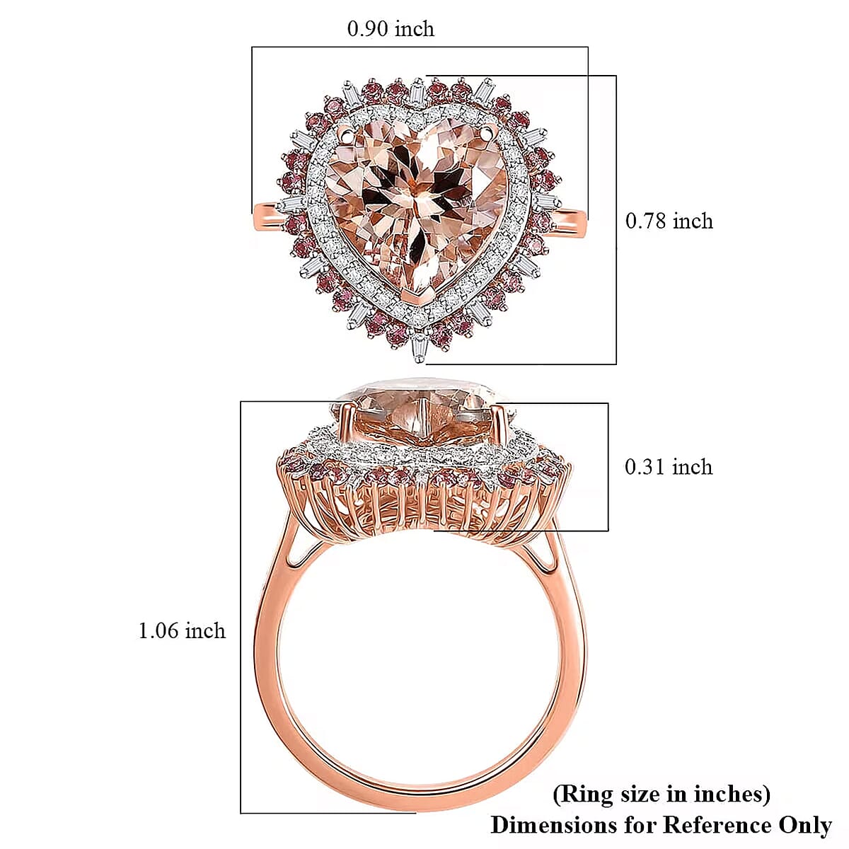 Luxoro AAA Marropino Morganite, Padparadscha Sapphire and Diamond I2 5.90 ctw Radiant Heart Ring in 14K Rose Gold (Size  7.5) image number 5