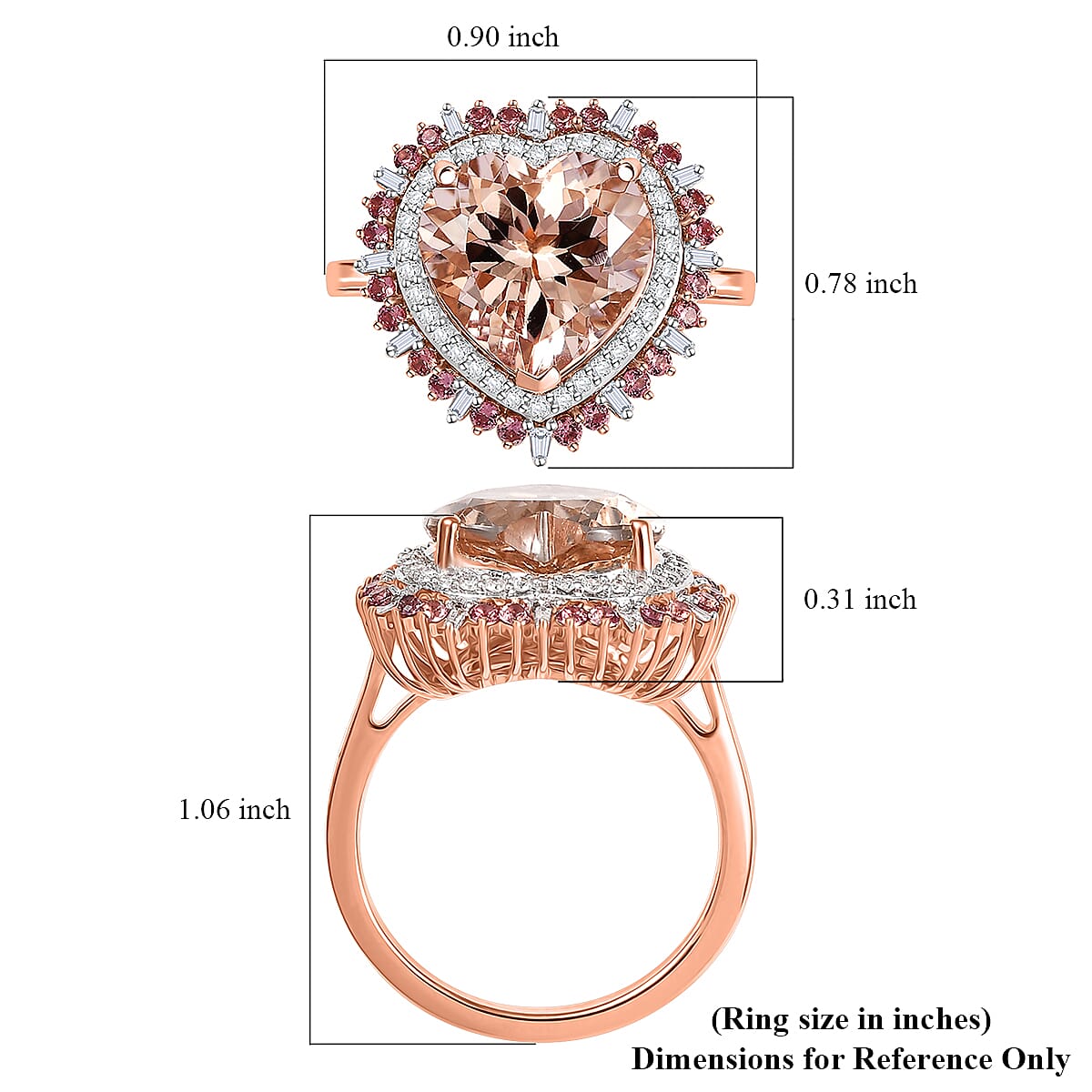 Luxoro AAA Marropino Morganite, Padparadscha Sapphire and Diamond I2 5.90 ctw Radiant Heart Ring in 14K Rose Gold (Size  9.0) image number 5
