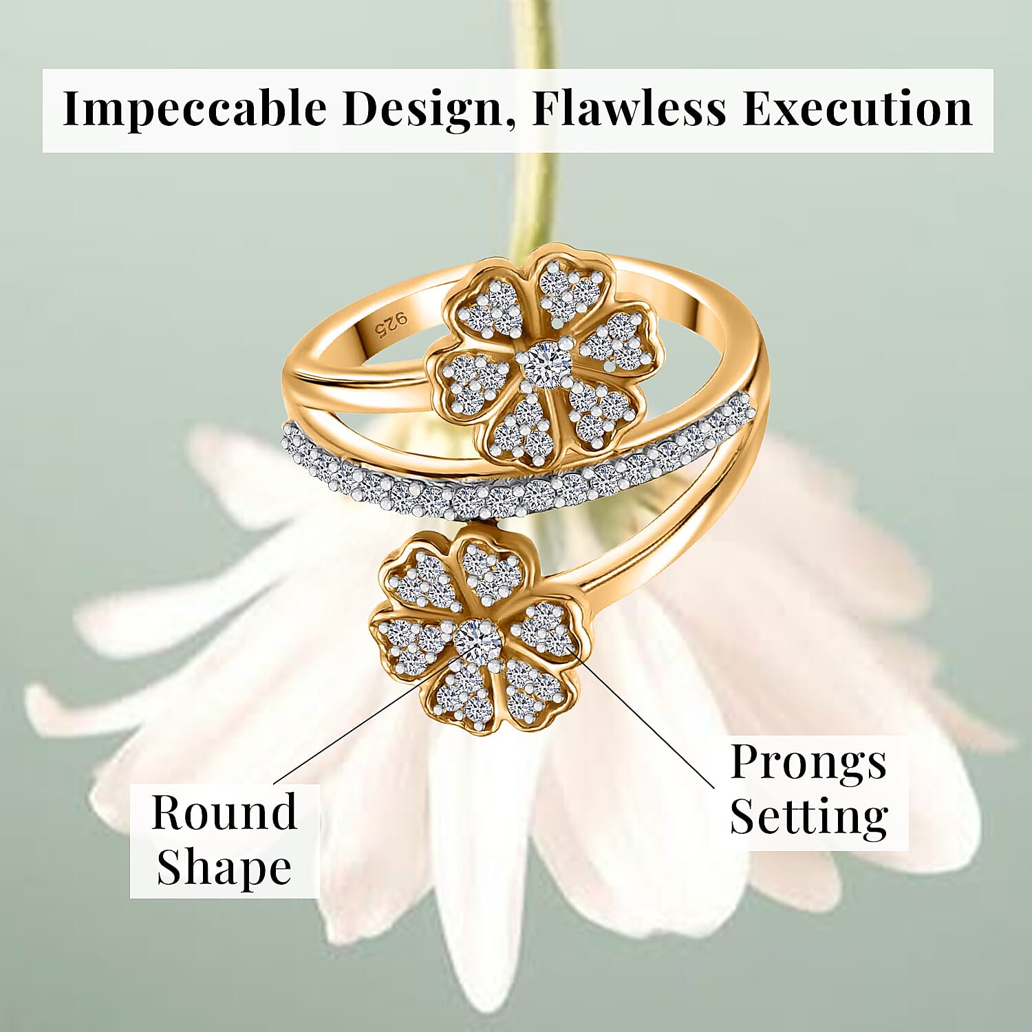 Luxuriant Lab Grown Diamond G-H, SI 0.50 ctw Blooming Flower Ring in 18K Vermeil Yellow Gold Over Sterling Silver