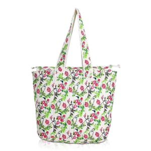 White with Red Floral Hand Stitched Kantha Cotton Tote Bag