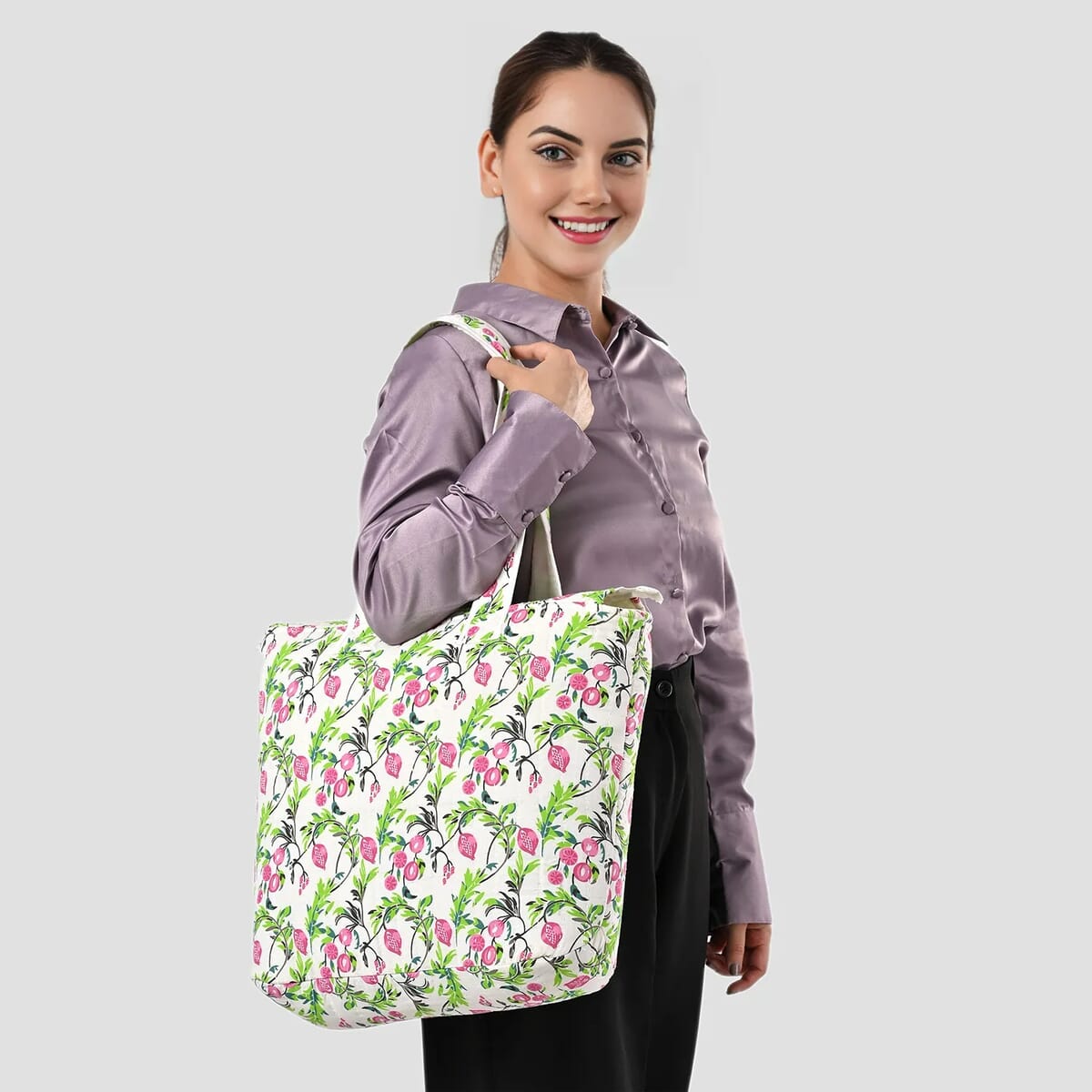 White with Red Floral Hand Stitched Kantha Cotton Tote Bag image number 1
