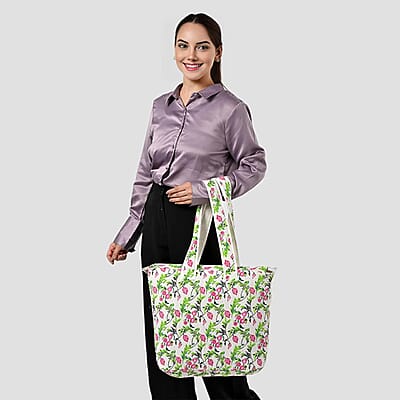 White with Red Floral Hand Stitched Kantha Cotton Tote Bag