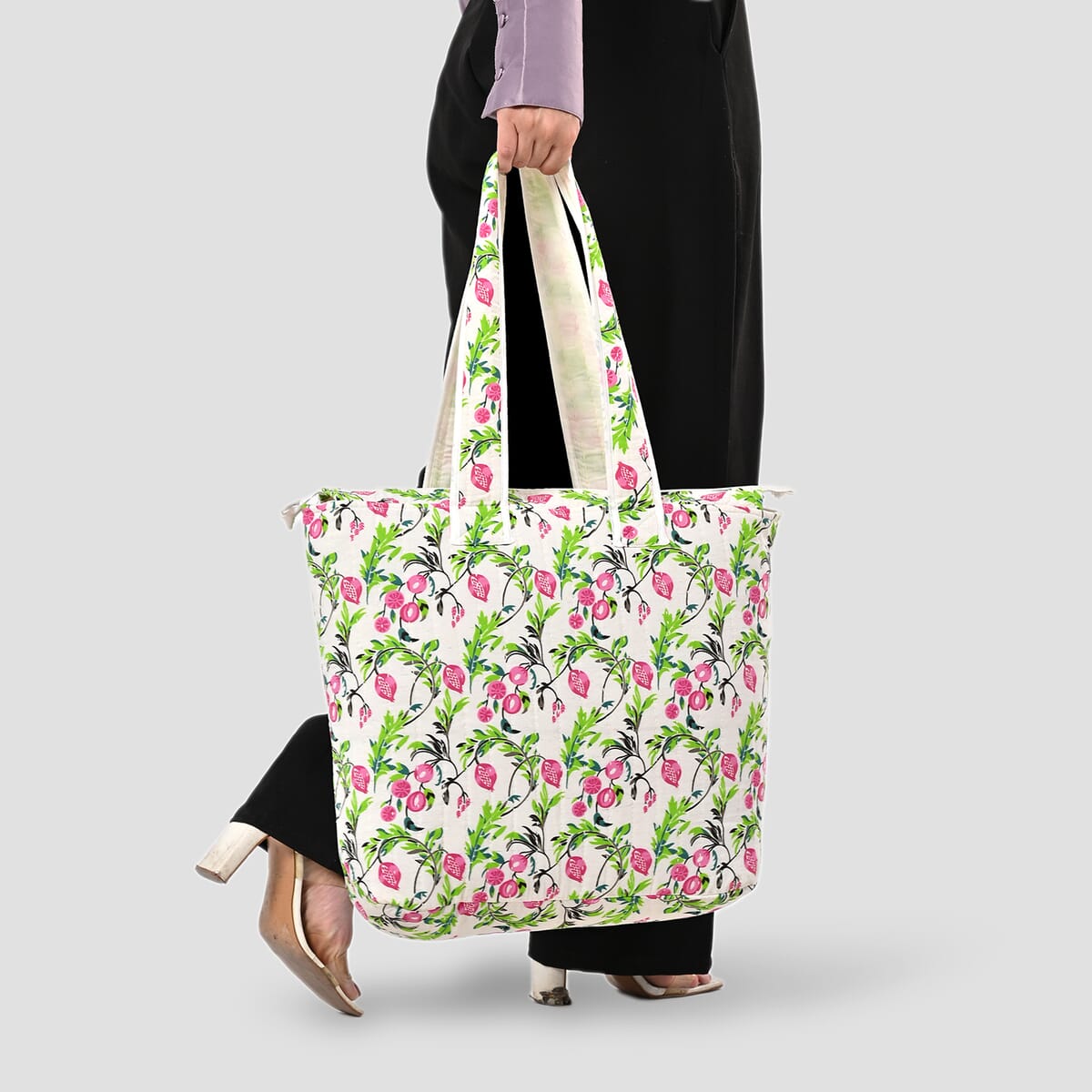 White with Red Floral Hand Stitched Kantha Cotton Tote Bag image number 3