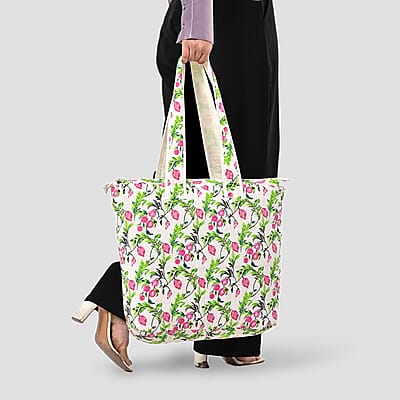White with Red Floral Hand Stitched Kantha Cotton Tote Bag