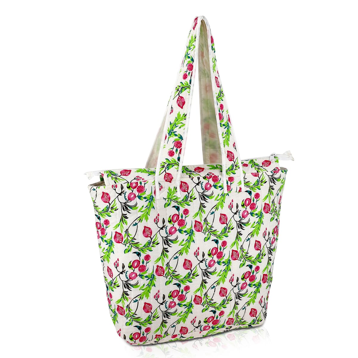 White with Red Floral Hand Stitched Kantha Cotton Tote Bag image number 4