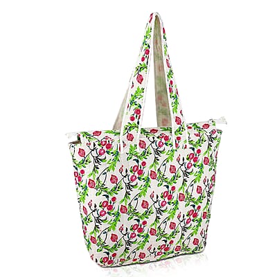 White with Red Floral Hand Stitched Kantha Cotton Tote Bag