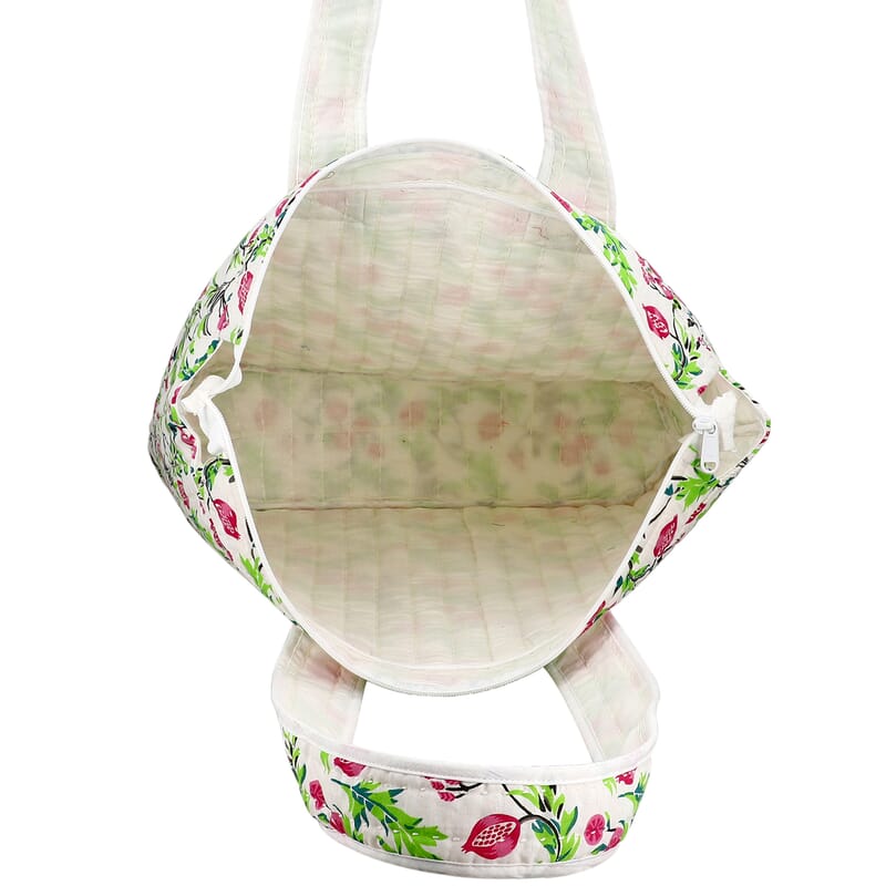 White with Red Floral Hand Stitched Kantha Cotton Tote Bag
