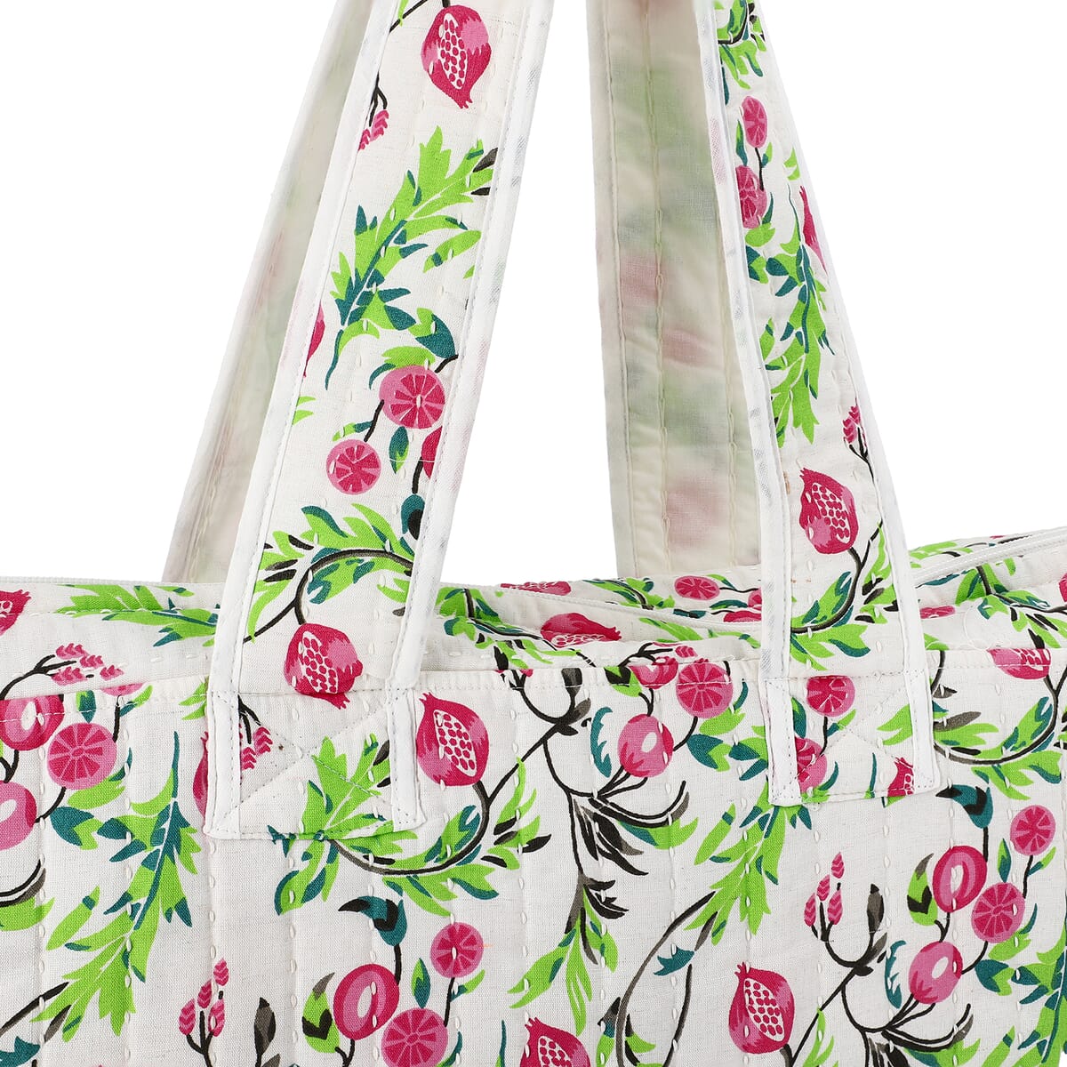 White with Red Floral Hand Stitched Kantha Cotton Tote Bag image number 7