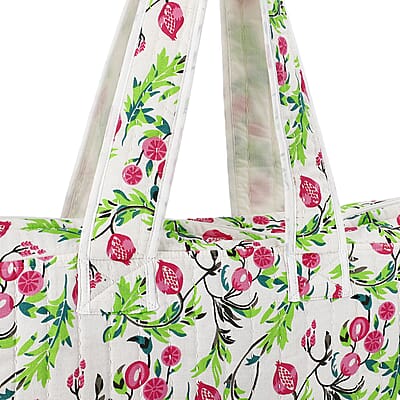 White with Red Floral Hand Stitched Kantha Cotton Tote Bag