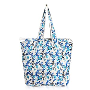 White with Blue Floral Hand Stitched Kantha Cotton Tote Bag