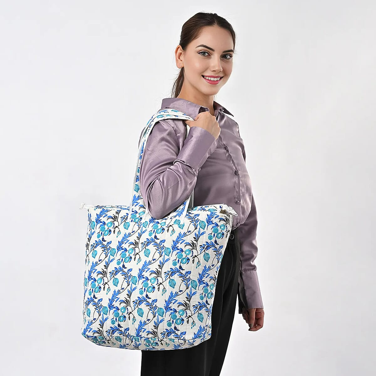 White with Blue Floral Hand Stitched Kantha Cotton Tote Bag image number 1